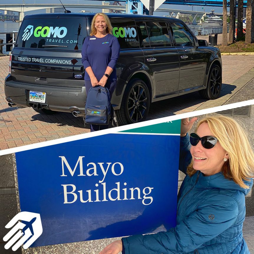 Kerri Johnson standing in front of Gomo Travel SUV and Mayo Clinic sign
